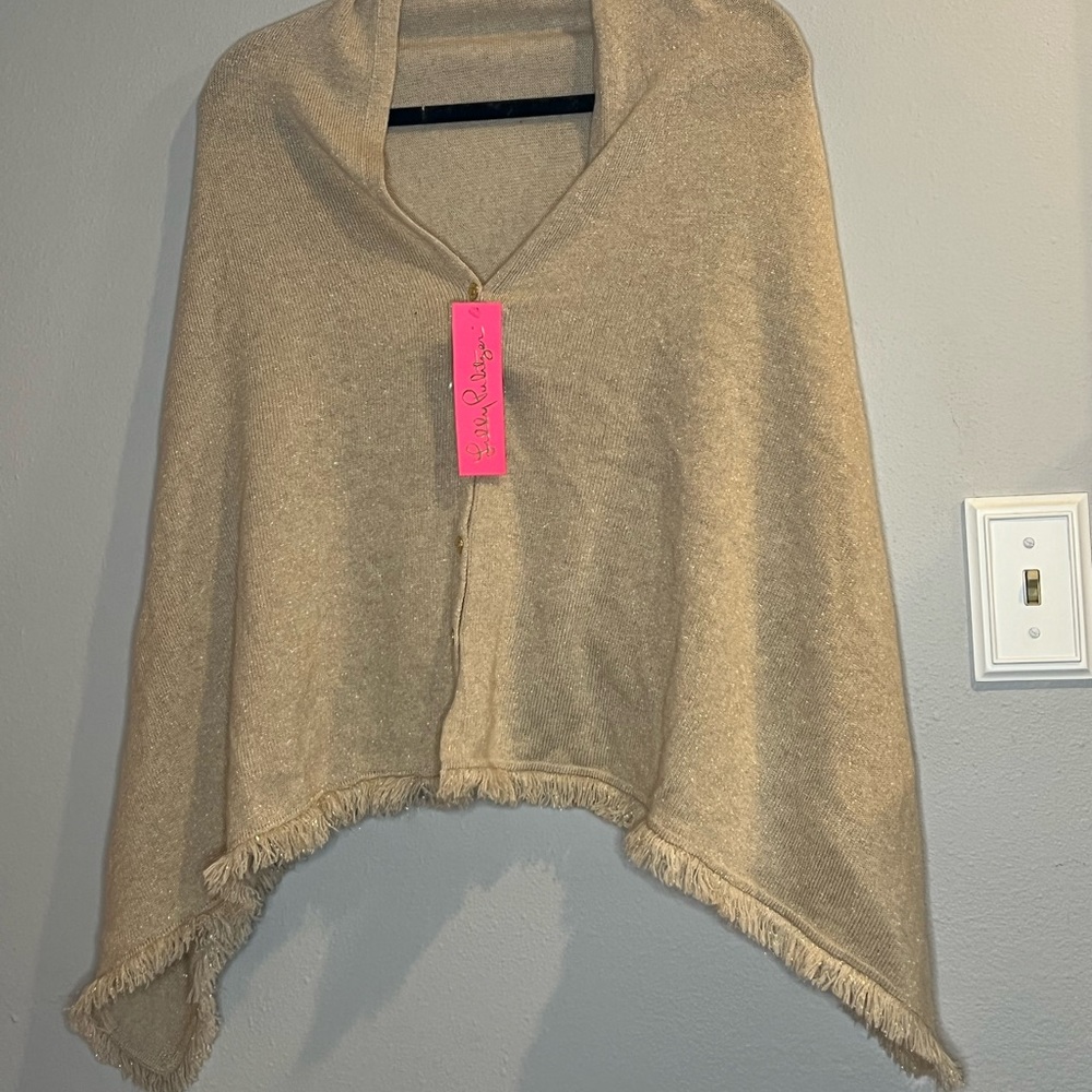 NWT Lilly Pulitzer cashmere tan glitter scarf/shawl with gold buttons